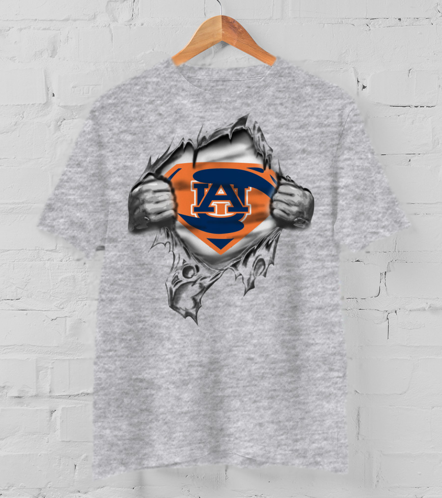 Auburn University Au Logo Superhero Emblem Ripping Through Gray T-Shirt