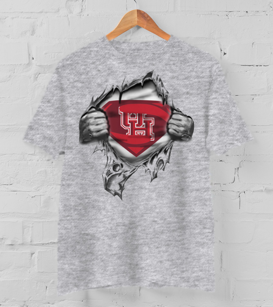 University Of Houston Superhero Emblem Hands Ripping Open T-Shirt