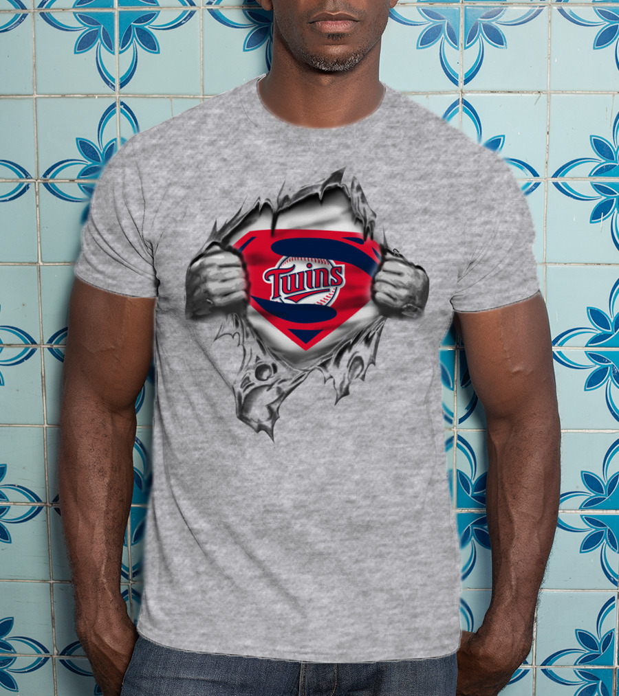 Twins Baseball Superhero Logo Inside Torn T-Shirt