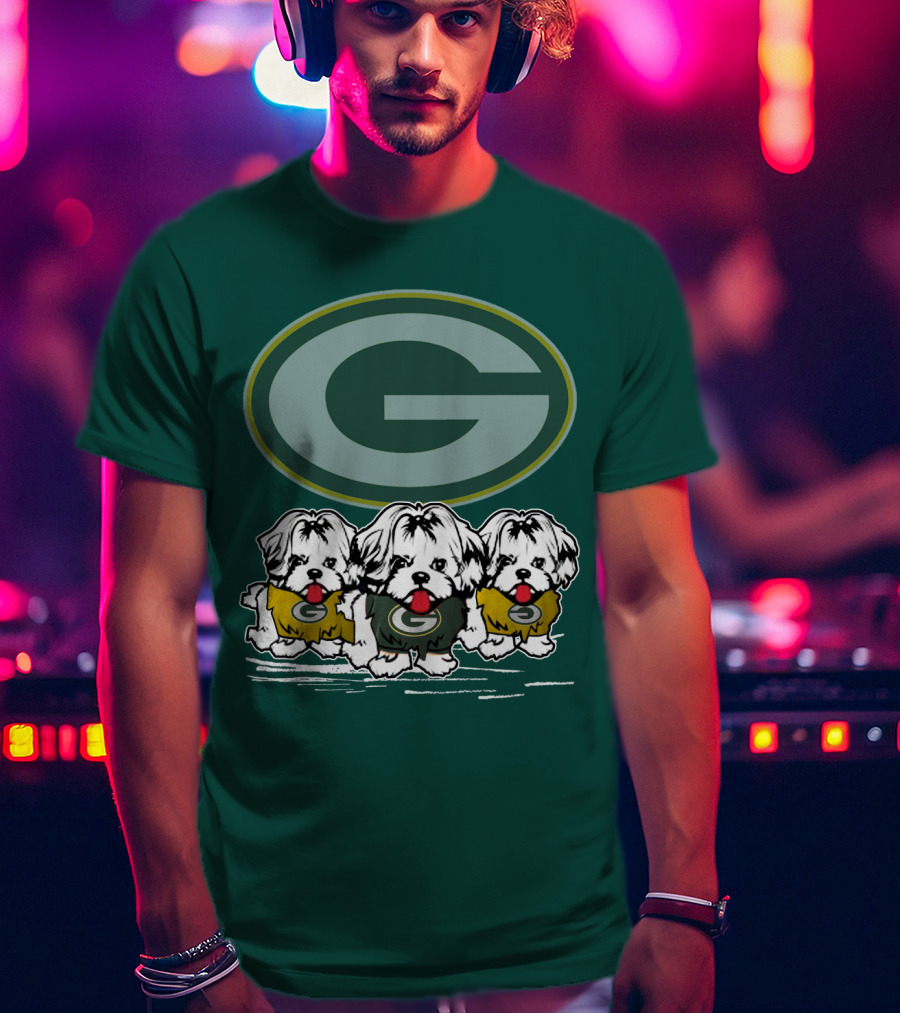 Green Bay Packers Logo With Three Dogs In Jerseys T-Shirt