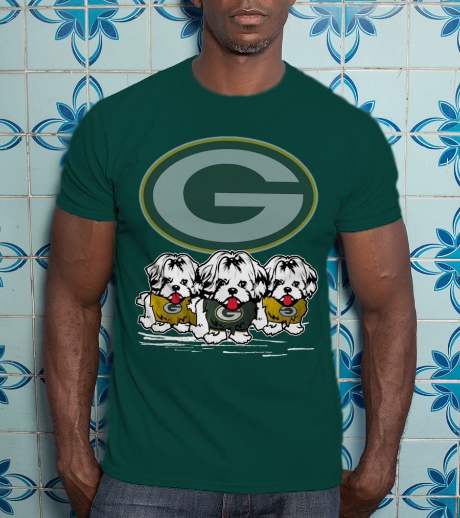 Green Bay Packers Logo With Three Dogs In Jerseys T-Shirt