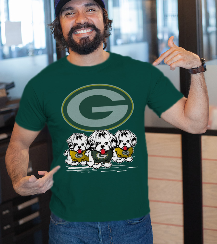 Green Bay Packers Logo With Three Dogs In Jerseys T-Shirt