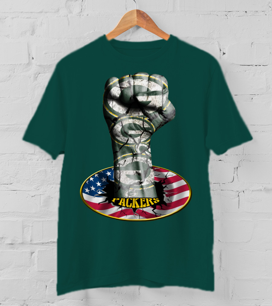 Fist With Green Bay Packers Logo On Cracked American Flag T-Shirt