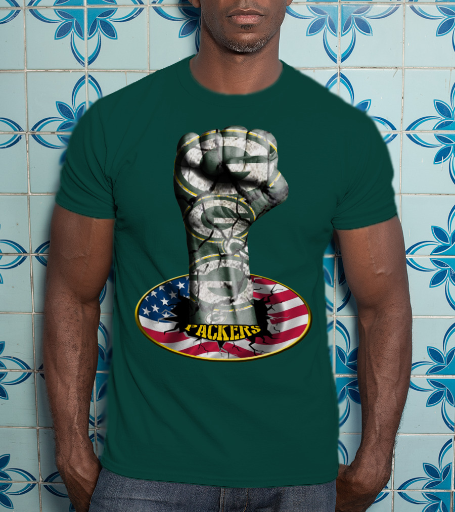 Fist With Green Bay Packers Logo On Cracked American Flag T-Shirt