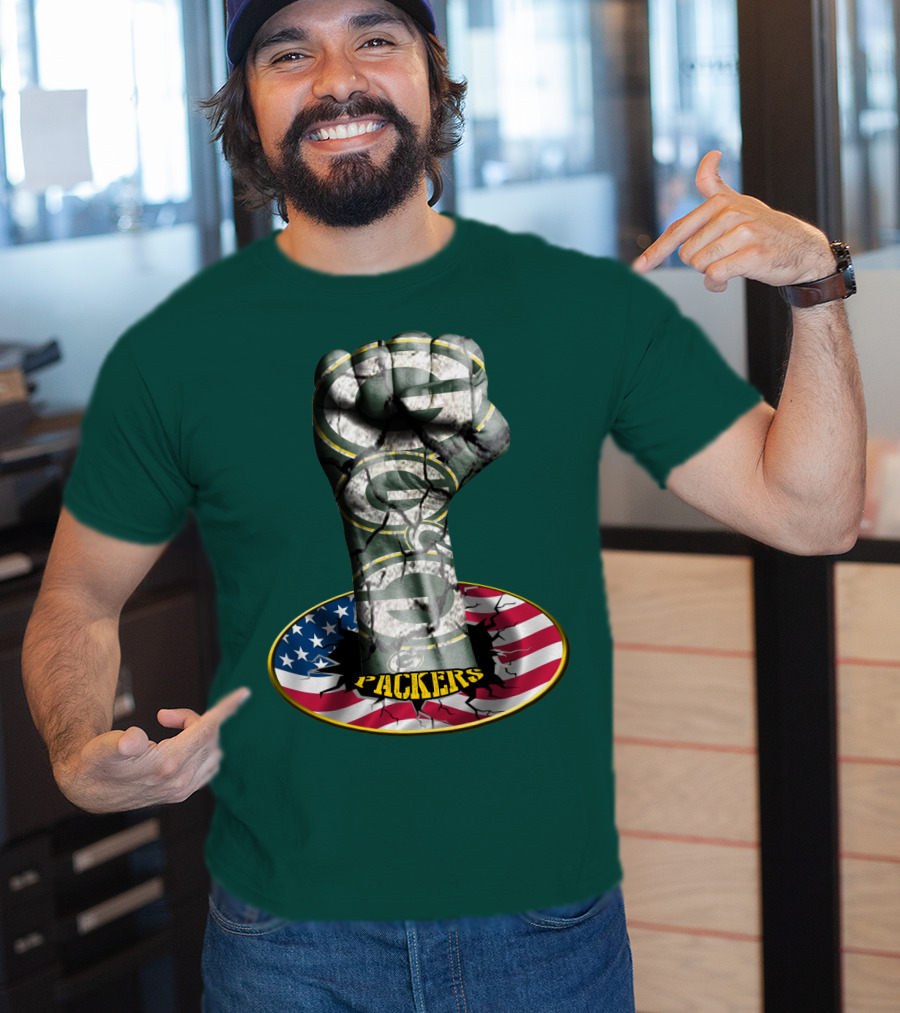 Fist With Green Bay Packers Logo On Cracked American Flag T-Shirt