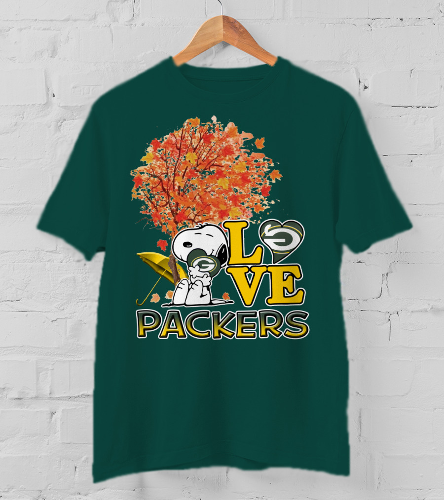 Love Packers Snoopy Green Bay Packers Autumn Tree T-Shirt