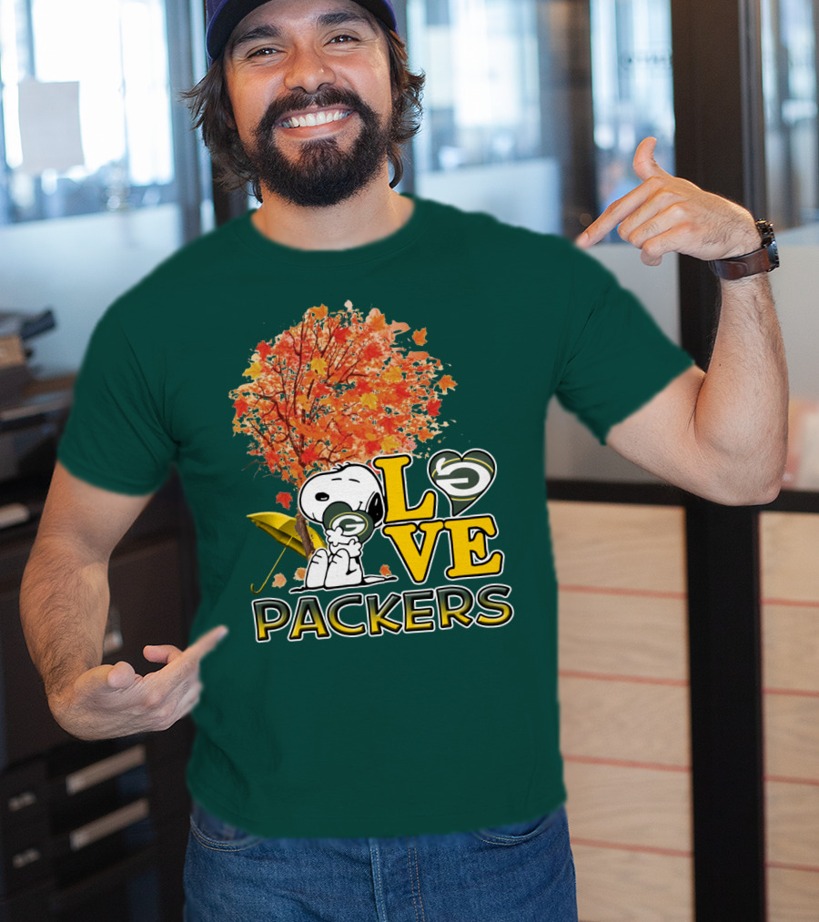 Love Packers Snoopy Green Bay Packers Autumn Tree T-Shirt