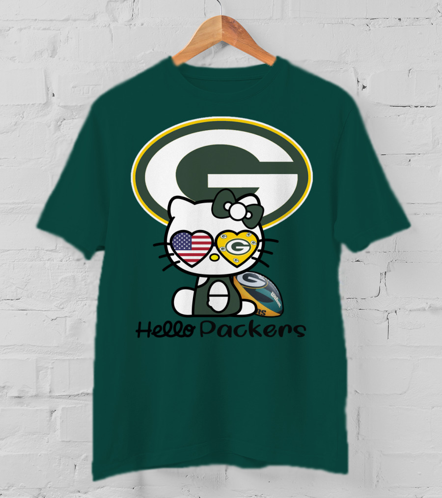 Hello Packers Green Bay Packers Football Fan Art Featuring Kitty With American Flag Heart T-Shirt