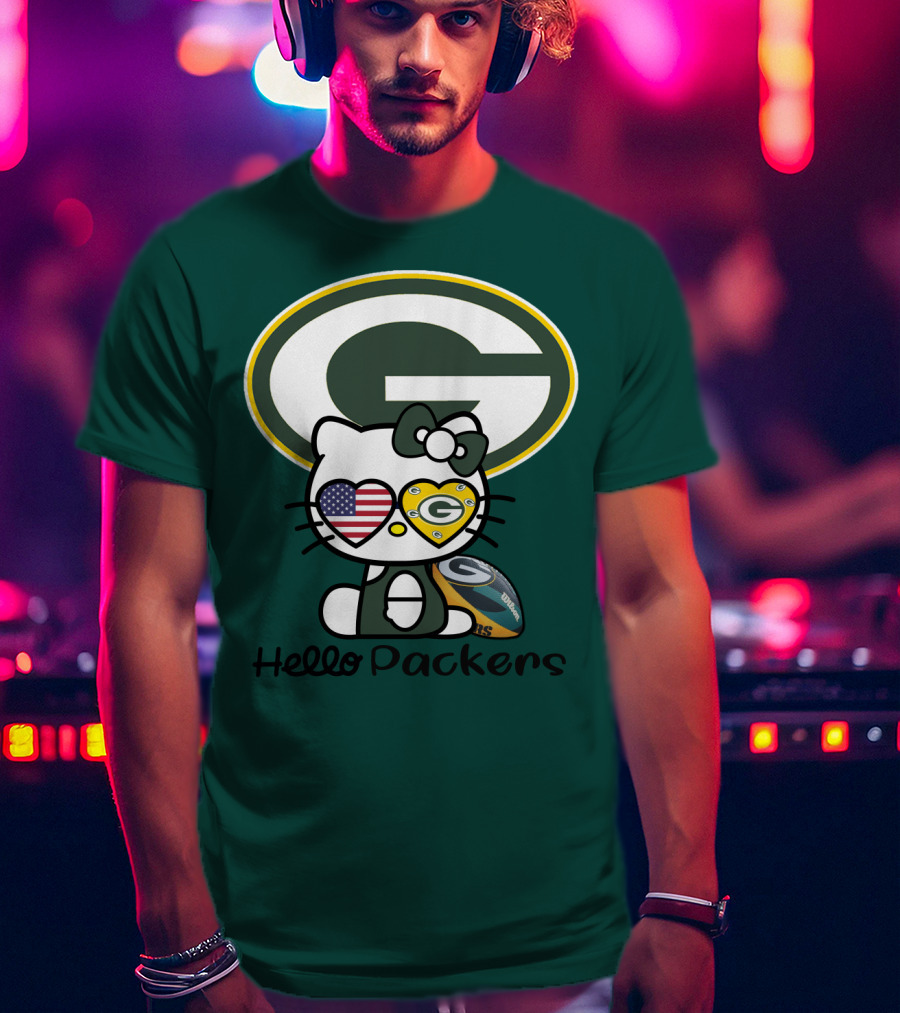 Hello Packers Green Bay Packers Football Fan Art Featuring Kitty With American Flag Heart T-Shirt