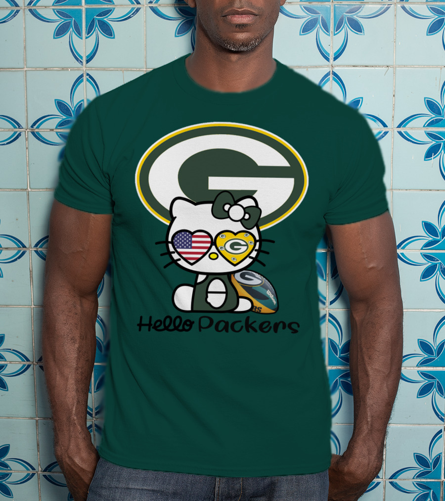 Hello Packers Green Bay Packers Football Fan Art Featuring Kitty With American Flag Heart T-Shirt