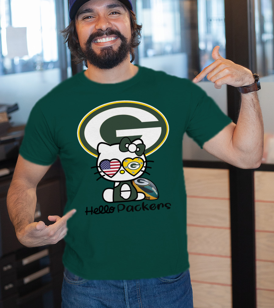 Hello Packers Green Bay Packers Football Fan Art Featuring Kitty With American Flag Heart T-Shirt
