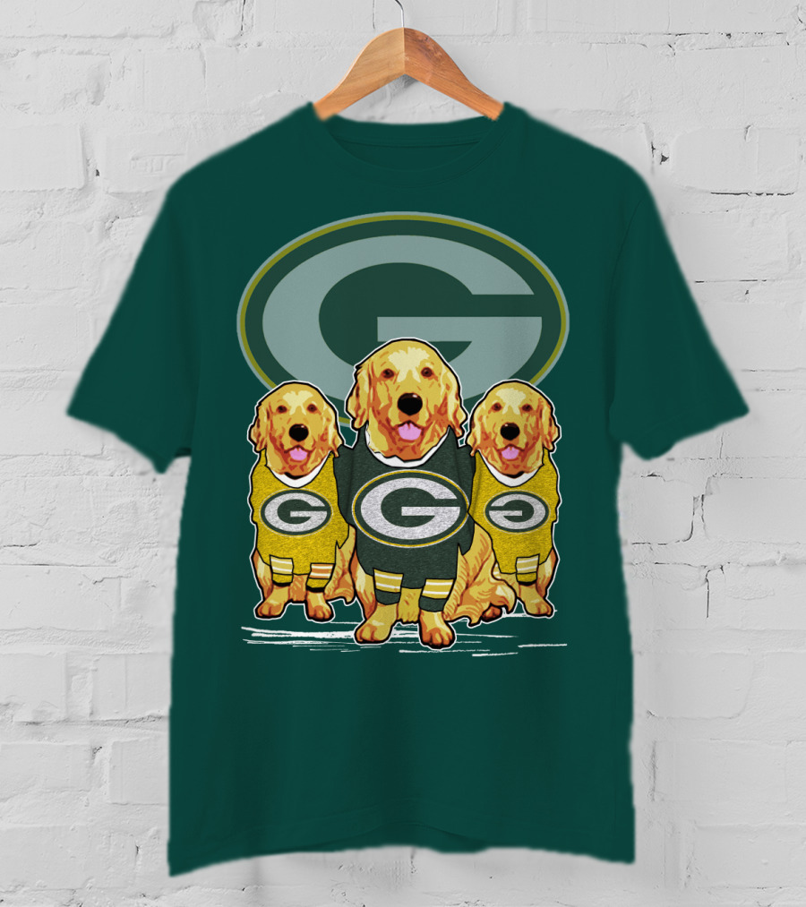 Green Bay Packers Golden Retrievers Sporting Green And Gold Attire T-Shirt