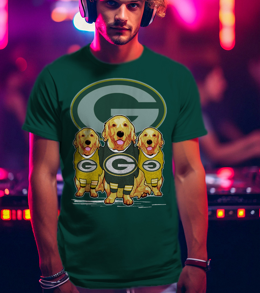 Green Bay Packers Golden Retrievers Sporting Green And Gold Attire T-Shirt