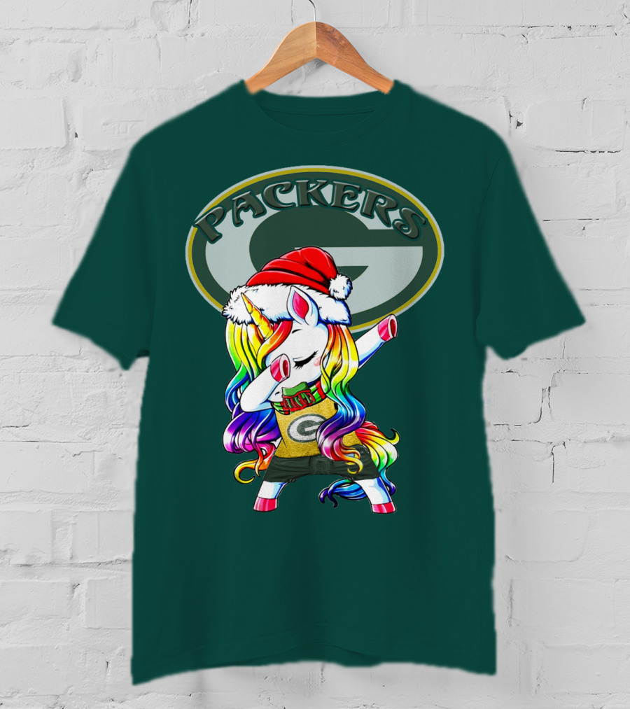 Packers Unicorn Dabbing Santa Hat Green Gold T-Shirt