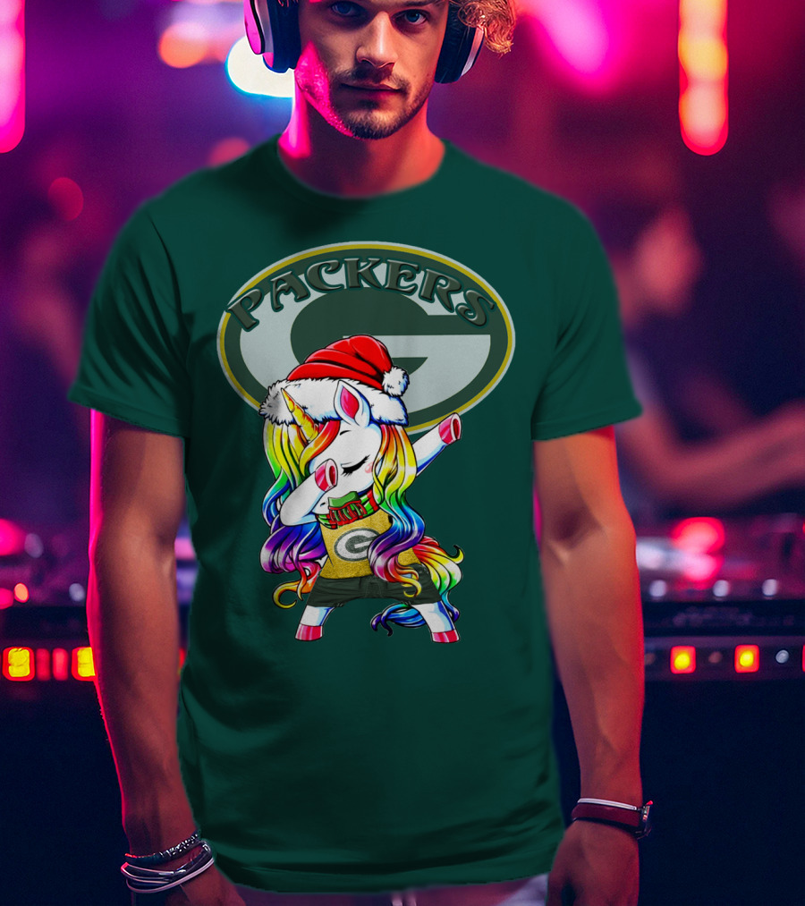 Packers Unicorn Dabbing Santa Hat Green Gold T-Shirt