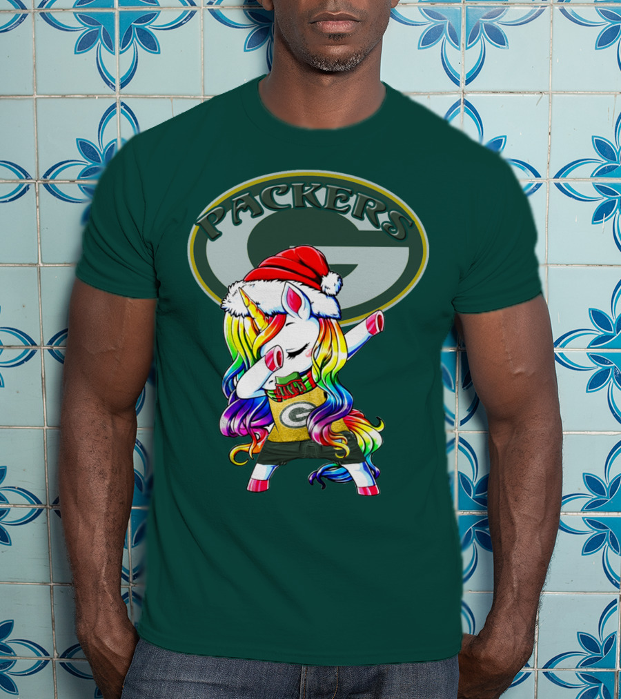 Packers Unicorn Dabbing Santa Hat Green Gold T-Shirt