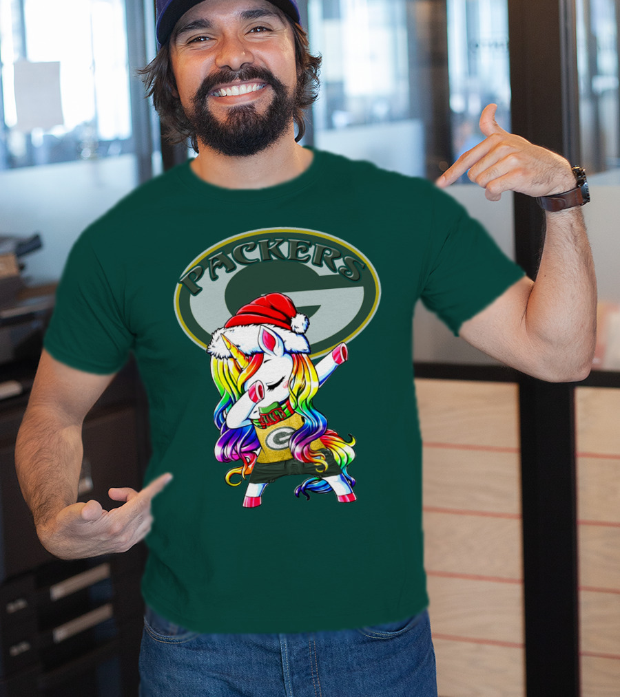 Packers Unicorn Dabbing Santa Hat Green Gold T-Shirt