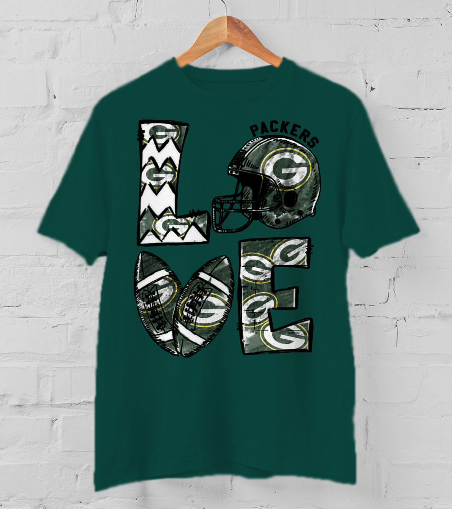 Packers Love Football Helmet And Ball Green Bay Packers T-Shirt