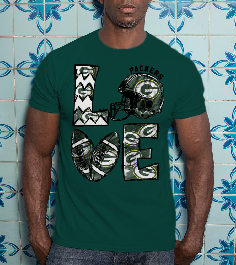 Packers Love Football Helmet And Ball Green Bay Packers T-Shirt
