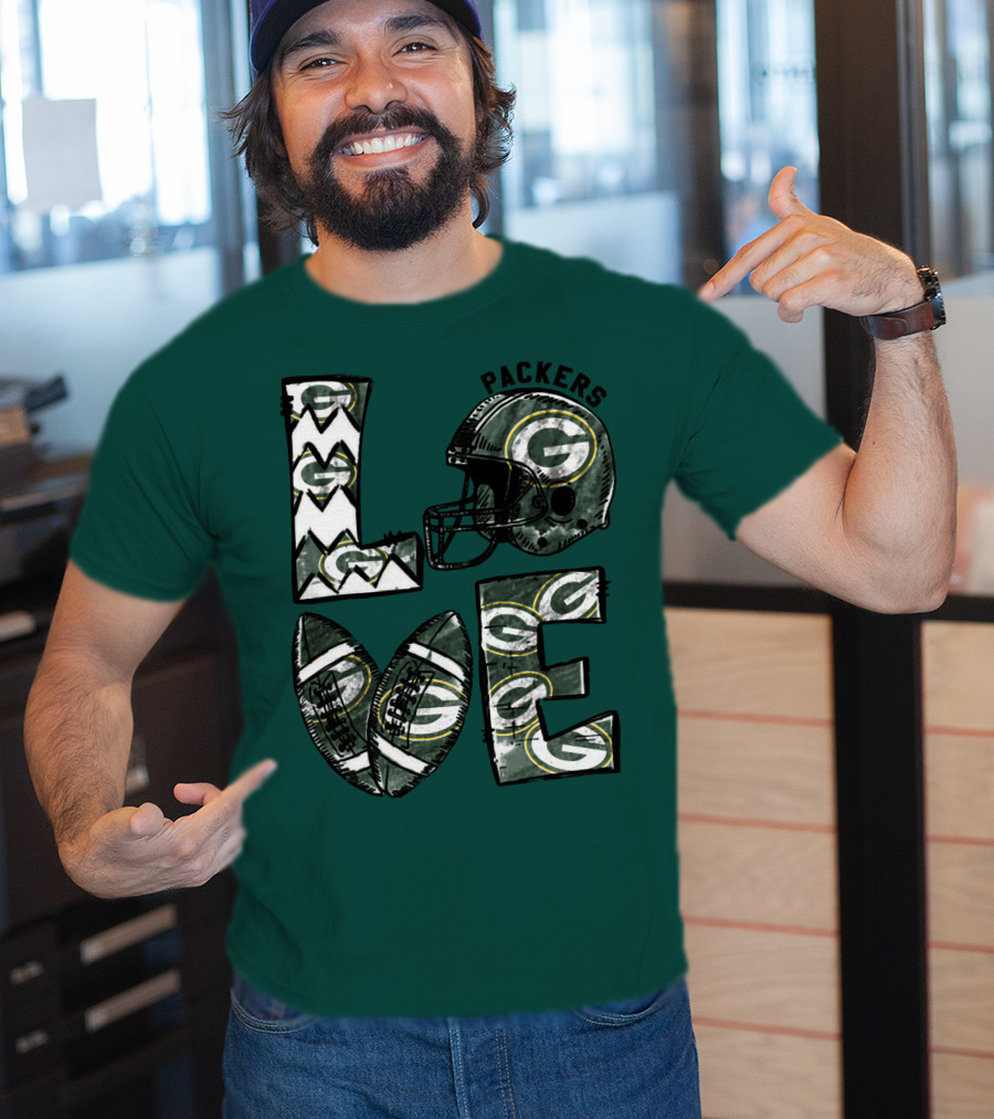 Packers Love Football Helmet And Ball Green Bay Packers T-Shirt