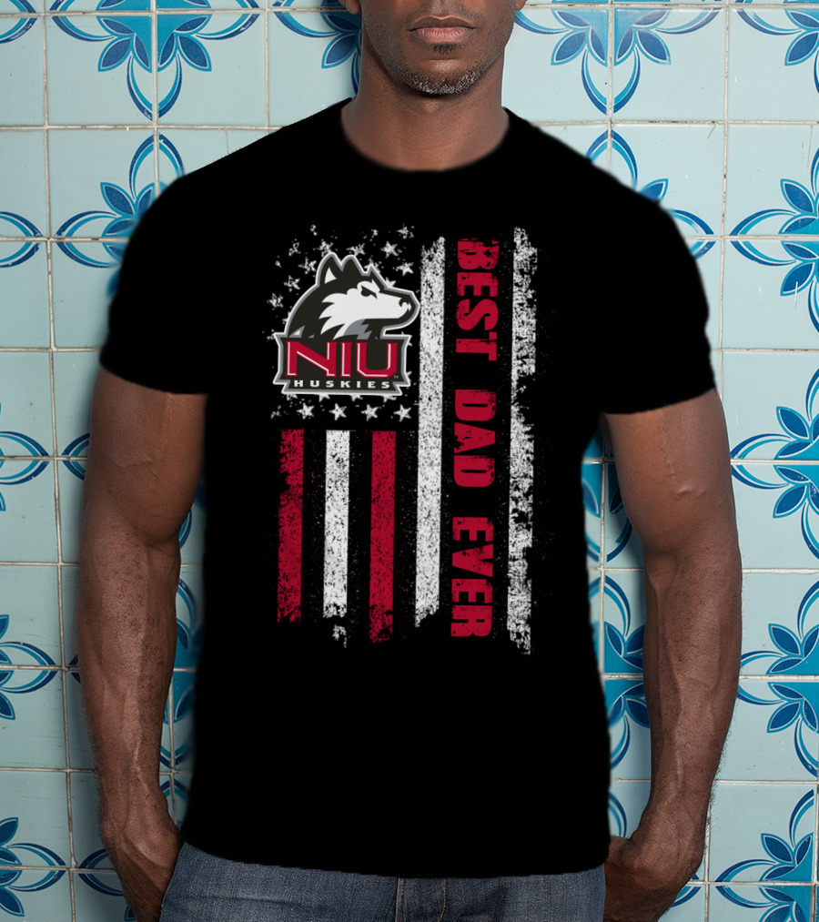 Niu Huskies Best Dad Ever Vintage American Flag T-Shirt