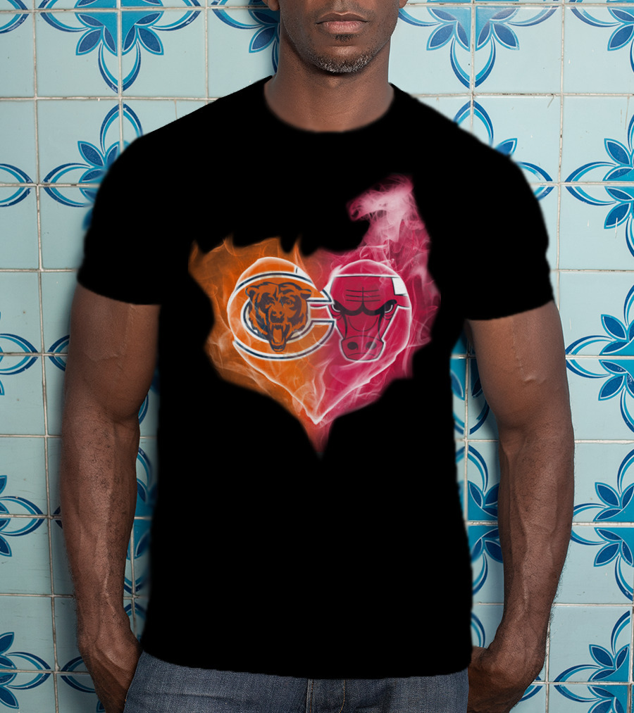 Chicago Bears And Chicago Bulls Heart Flames T-Shirt