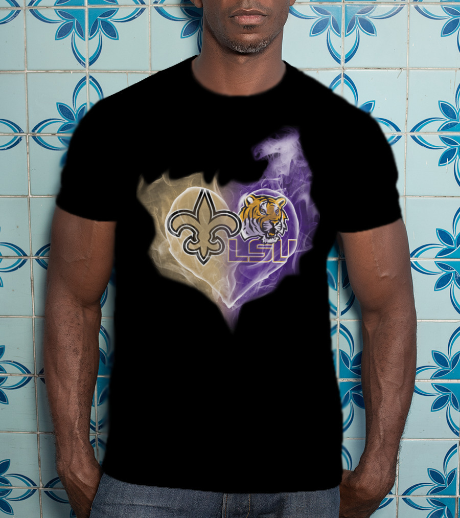 New Orleans Saints Fleur-De-Lis And Lsu Tigers Logo Heart T-Shirt