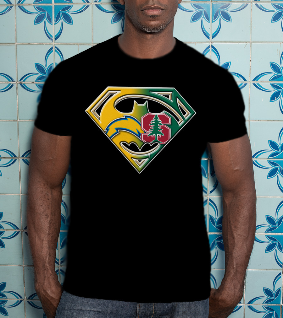 Los Angeles Chargers And Stanford Cardinal Bat Superman Logo Fusion T-Shirt