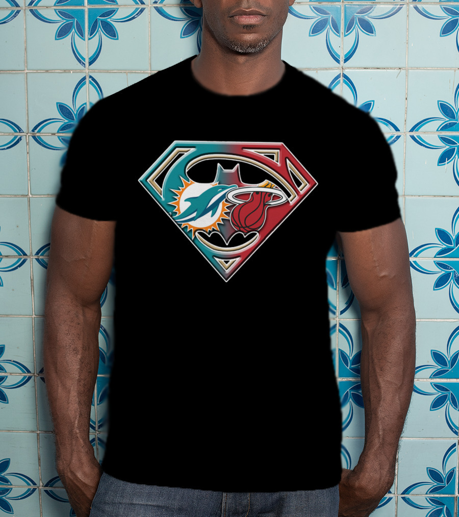 Miami Dolphins Batman Superman Miami Heat Logo Mashup T-Shirt