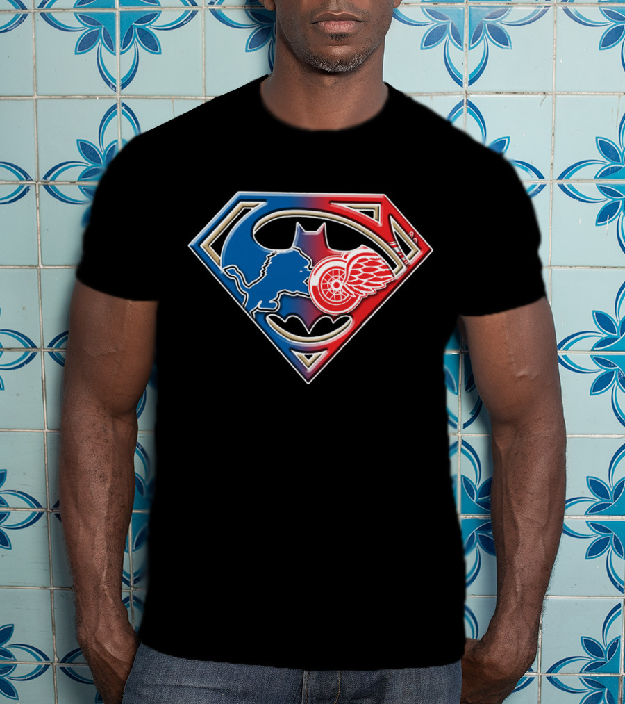 Detroit Sports Superman Batman Red Wings Lions T-Shirt