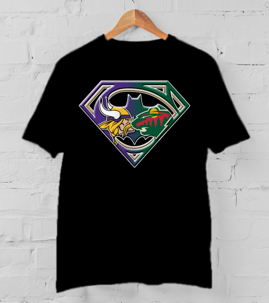 Batman Superman Minnesota Vikings And Wild Logo Fusion T-Shirt
