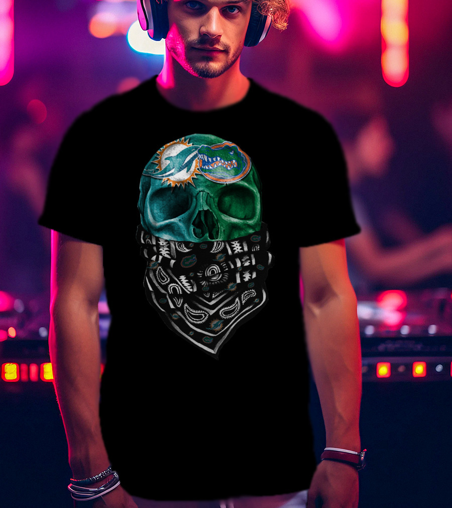 Miami Dolphins And Florida Gators Skull Bandana T-Shirt