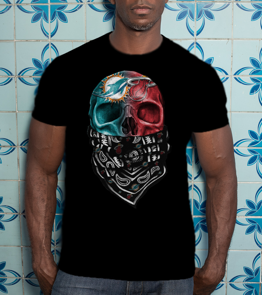 Miami Dolphins And Heat Skull Bandana Combination T-Shirt