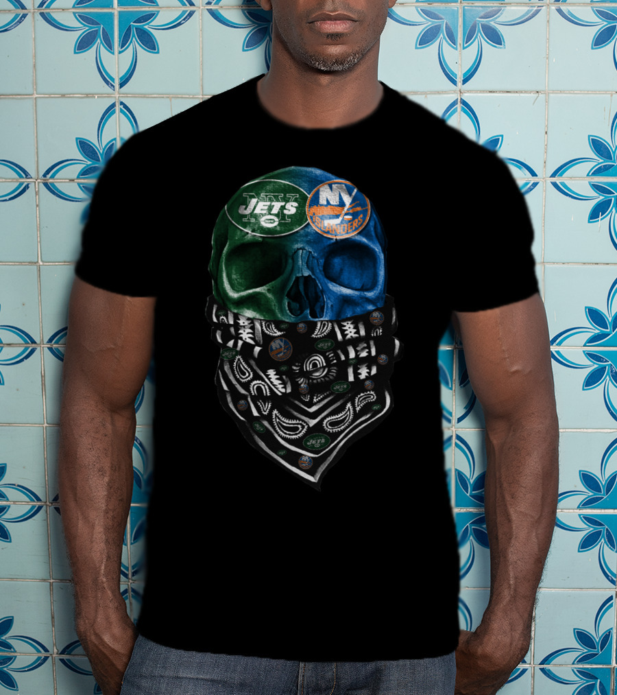 Ny Jets Islanders Dual Skull Bandana Sku 068 T-Shirt