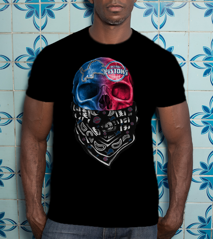 Detroit Pistons Lions Bandana Skull T-Shirt