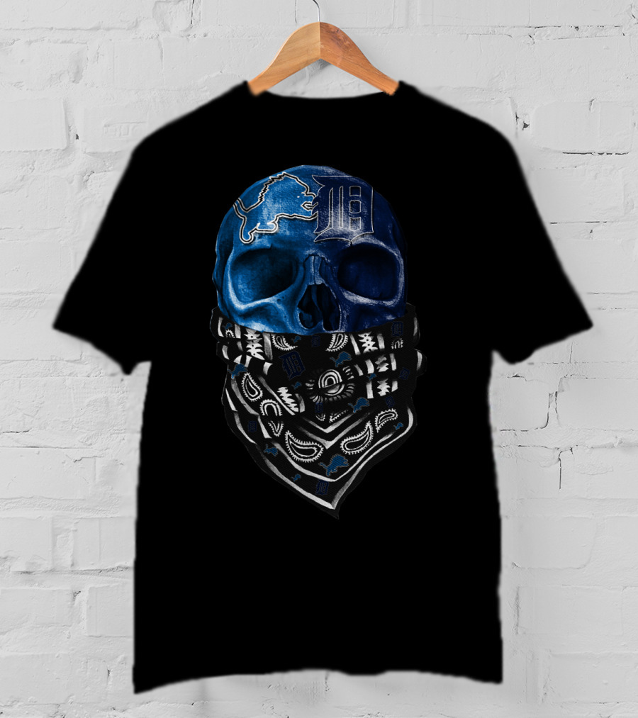 Detroit Lions And Tigers Skull Bandana Blue T-Shirt