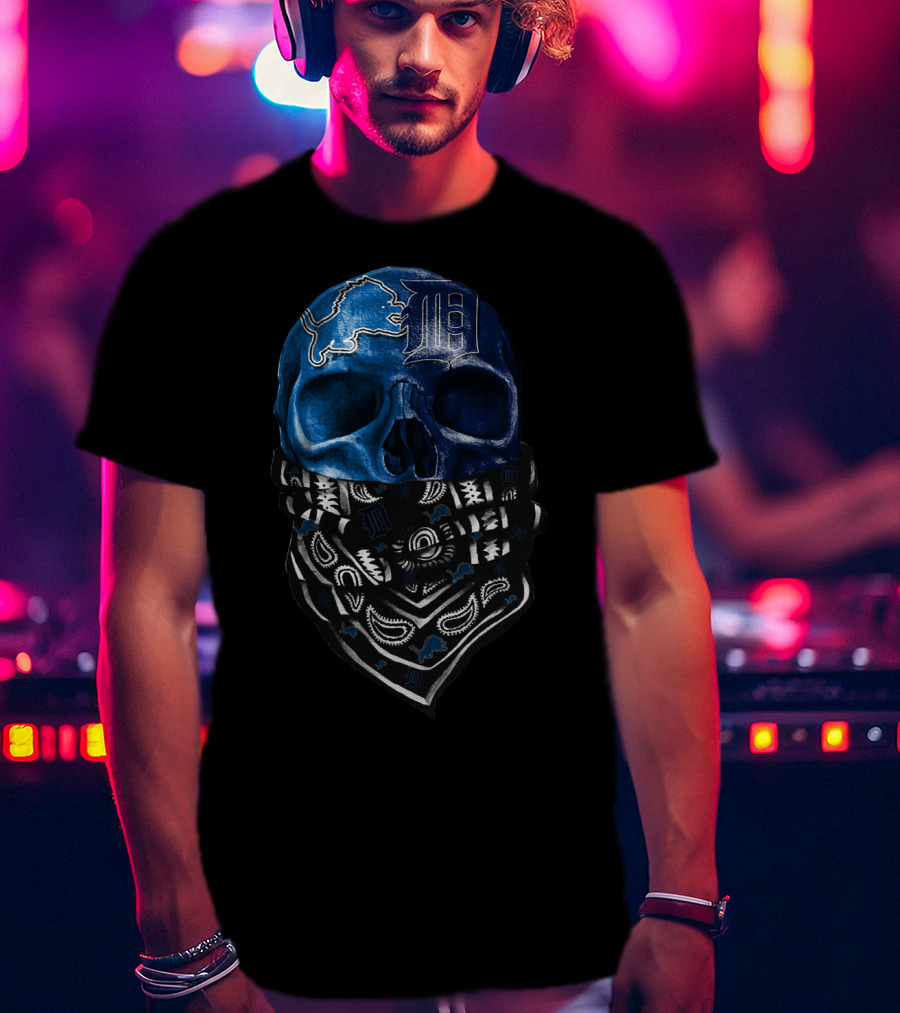 Detroit Lions And Tigers Skull Bandana Blue T-Shirt