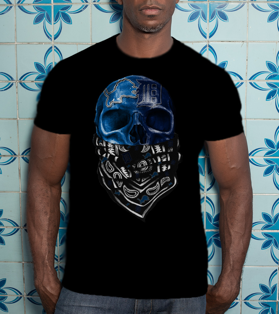 Detroit Lions And Tigers Skull Bandana Blue T-Shirt