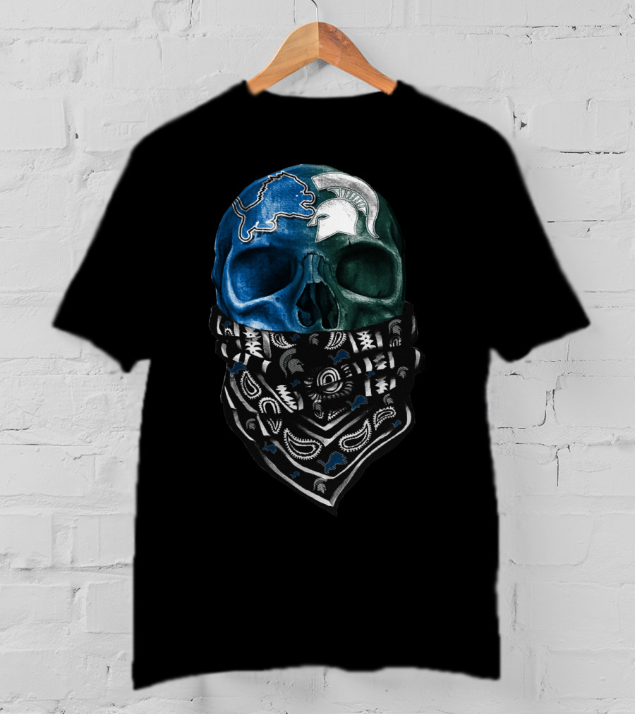 Detroit Lions Michigan State Spartans Skull Bandana T-Shirt