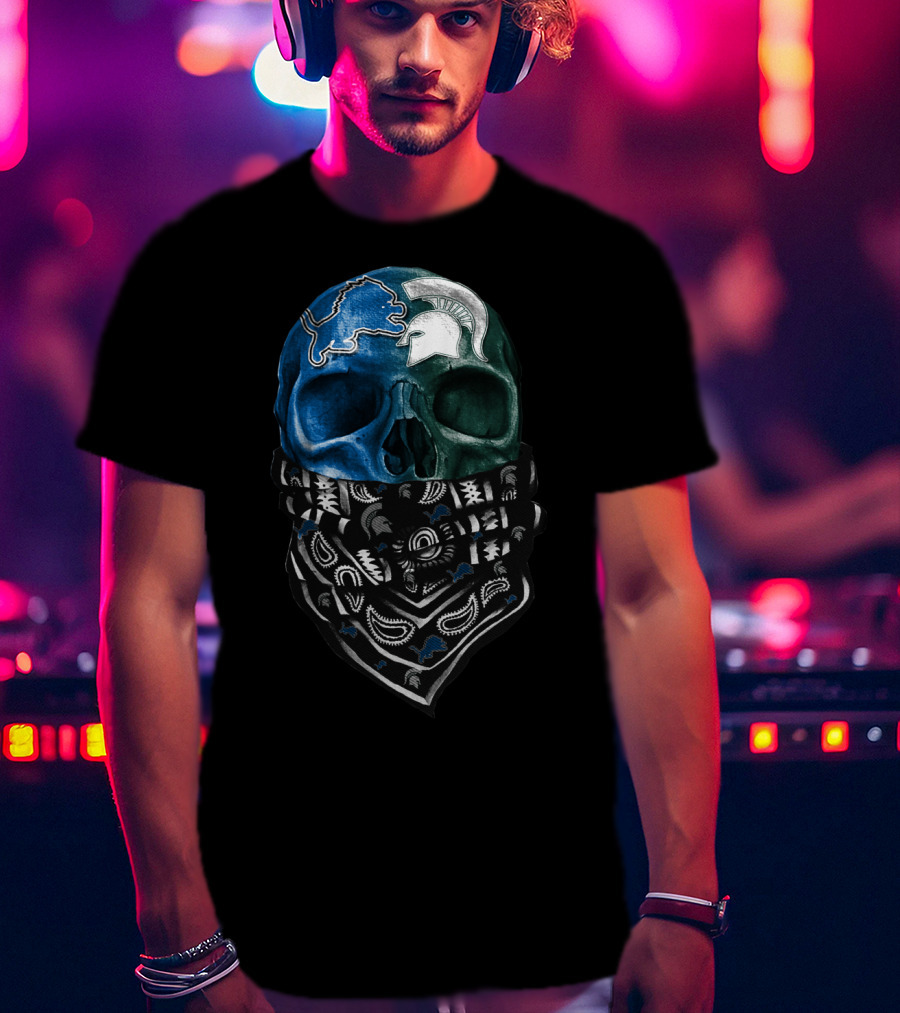 Detroit Lions Michigan State Spartans Skull Bandana T-Shirt