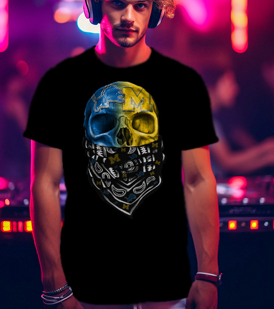 Lions Blue Michigan M Skull Bandana T-Shirt