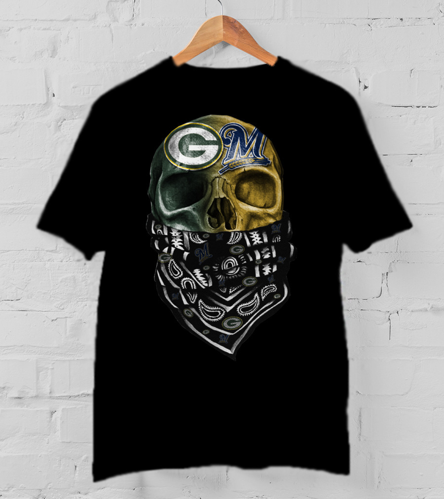 Green Bay Packers And Milwaukee Brewers Skull Bandana T-Shirt
