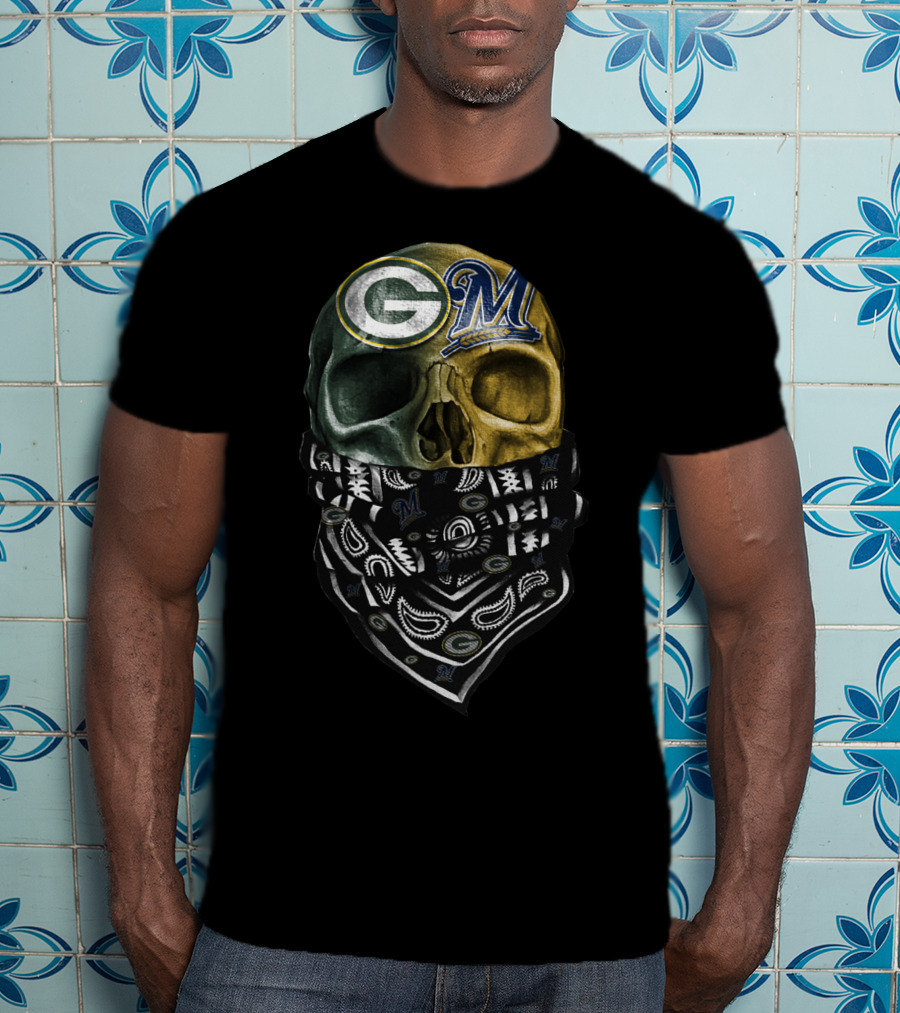 Green Bay Packers And Milwaukee Brewers Skull Bandana T-Shirt