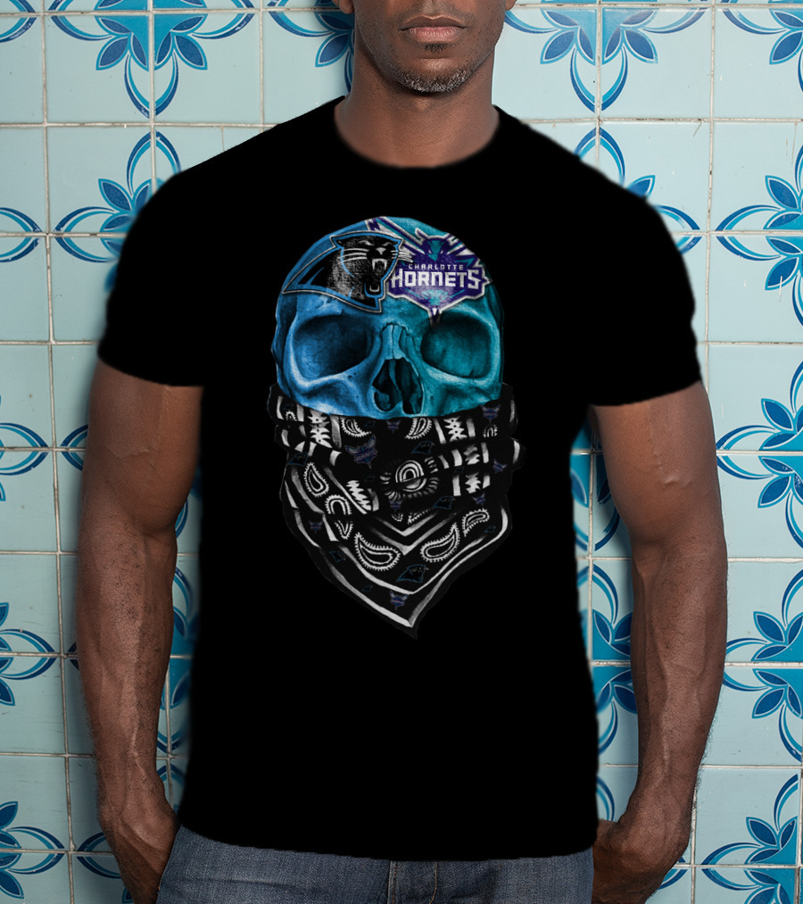 Carolina Panthers Charlotte Hornets Bandana Skull T-Shirt