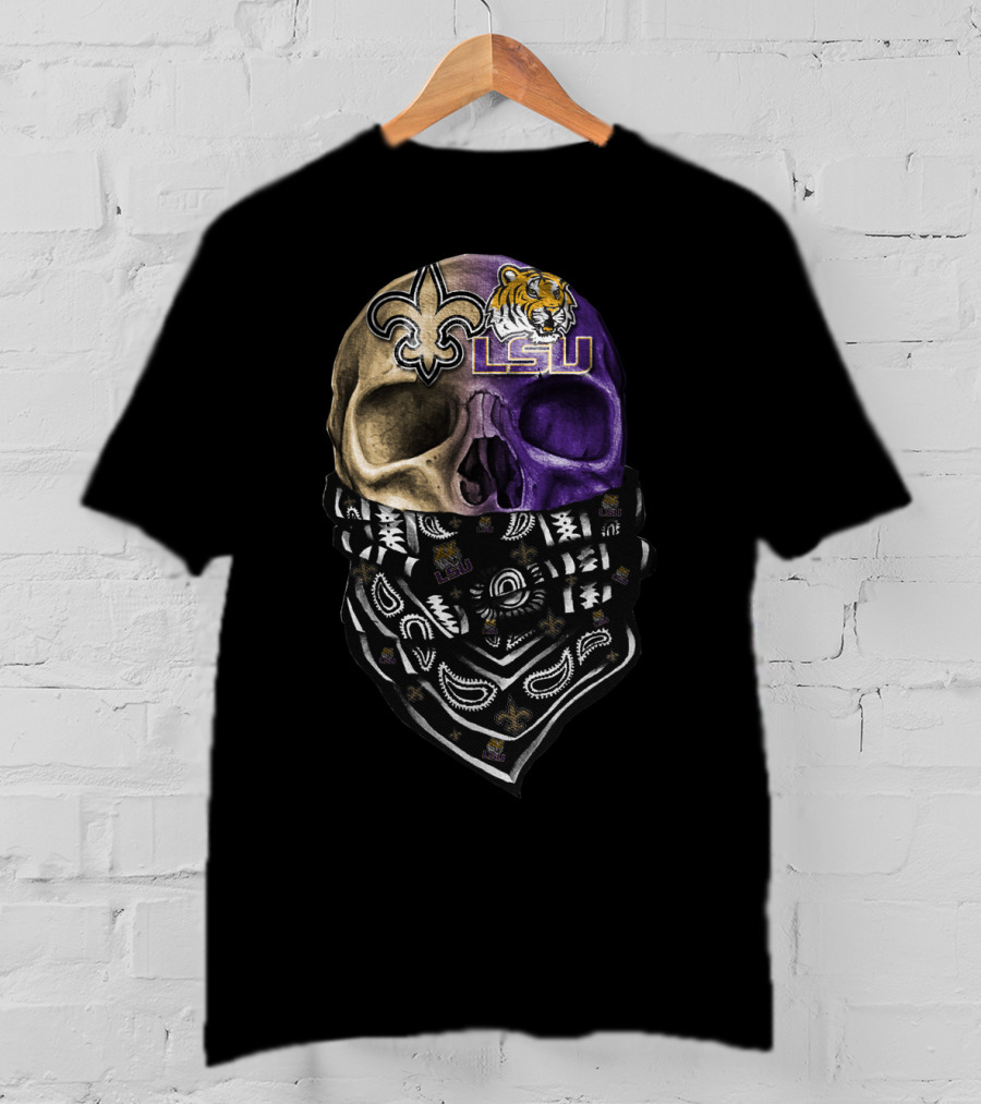 Lsu Tigers Skull With New Orleans Saints Logo Bandana T-Shirt