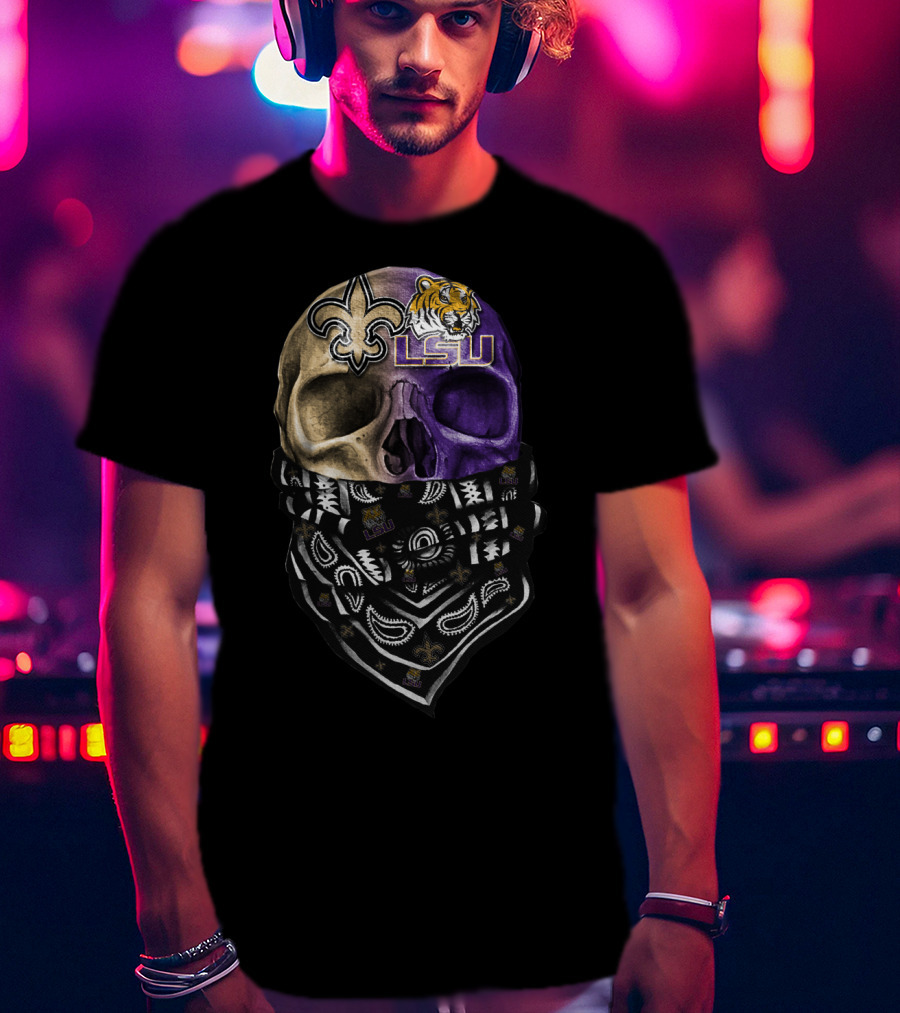 Lsu Tigers Skull With New Orleans Saints Logo Bandana T-Shirt