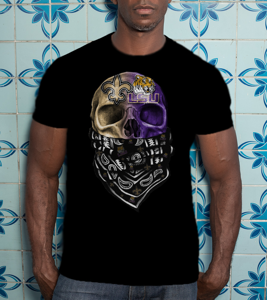 Lsu Tigers Skull With New Orleans Saints Logo Bandana T-Shirt