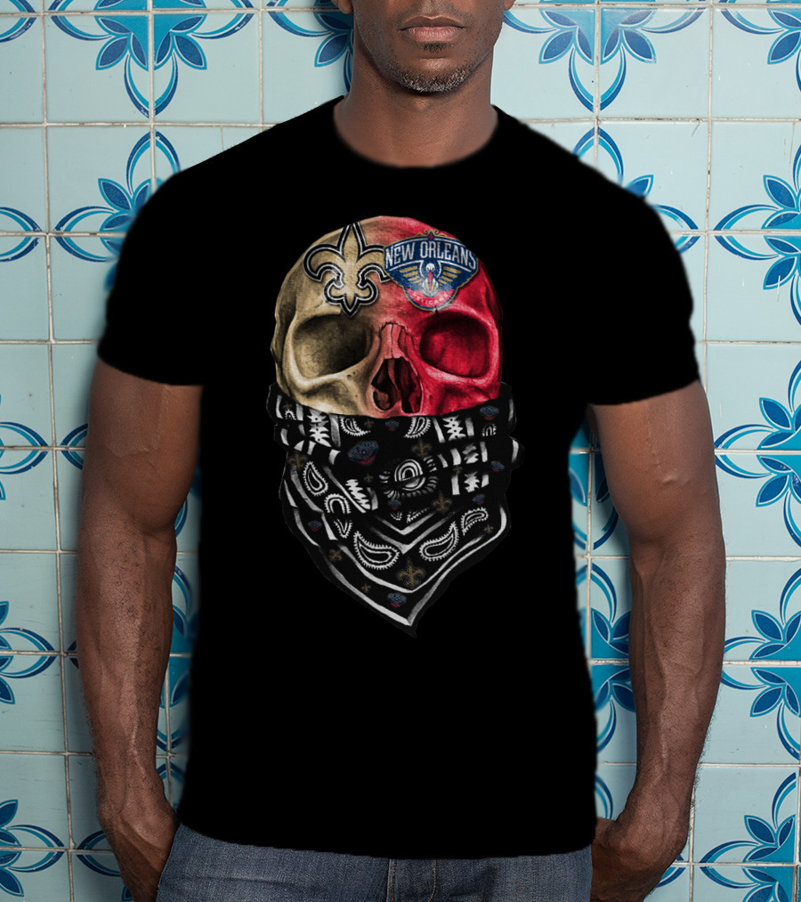 New Orleans Saints Pelicans Skull Bandana T-Shirt