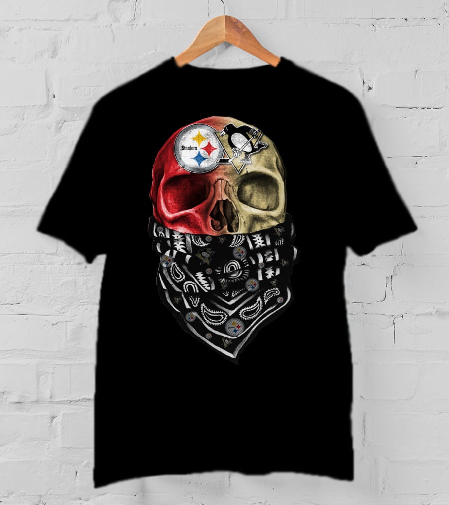 Steelers And Penguins Dual Skull Bandana Art On Sku 114 T-Shirt