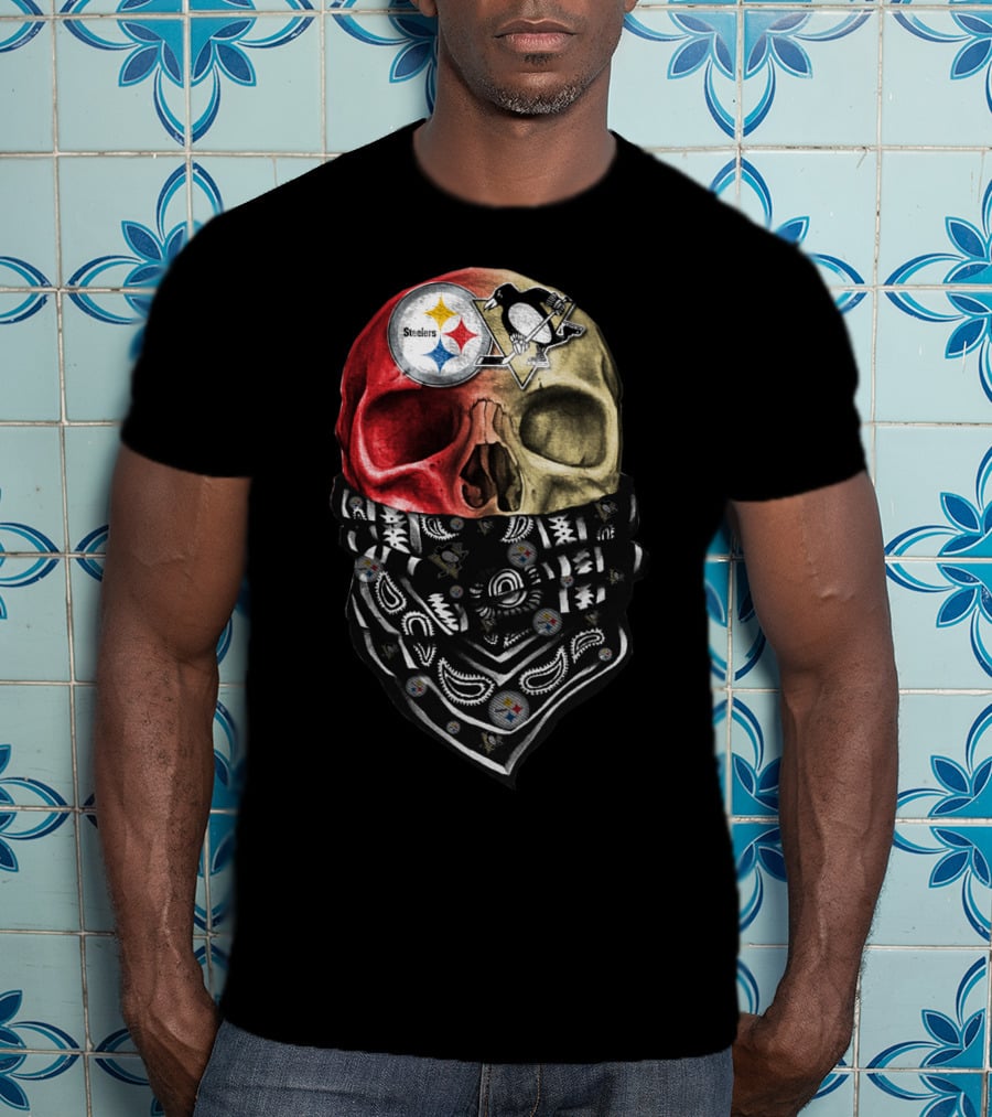 Steelers And Penguins Dual Skull Bandana Art On Sku 114 T-Shirt